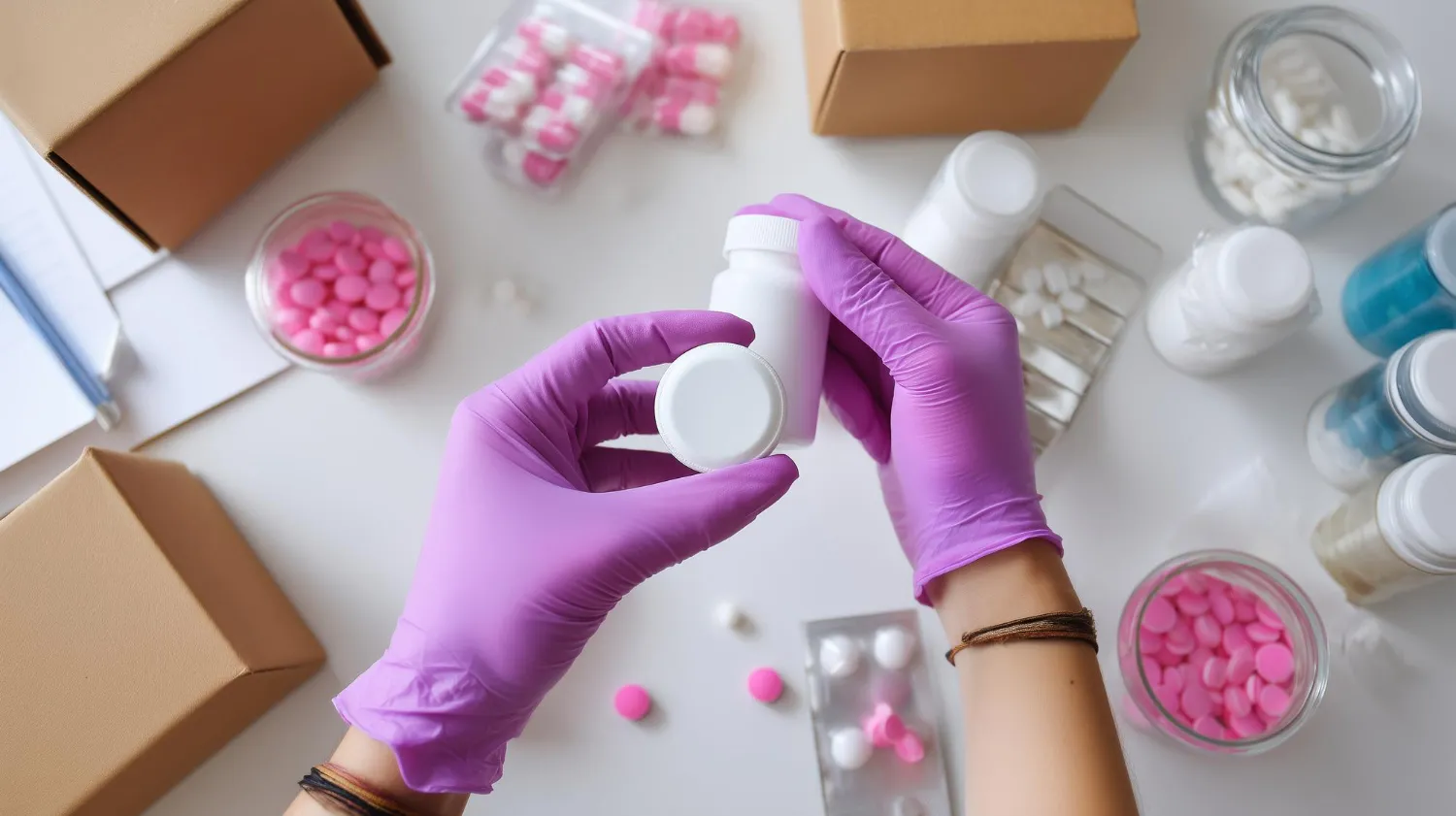 Pharmacist inspecting prescription medication bottles before labeling and preparing special packaging for accurate dispensing and improved patient safety.