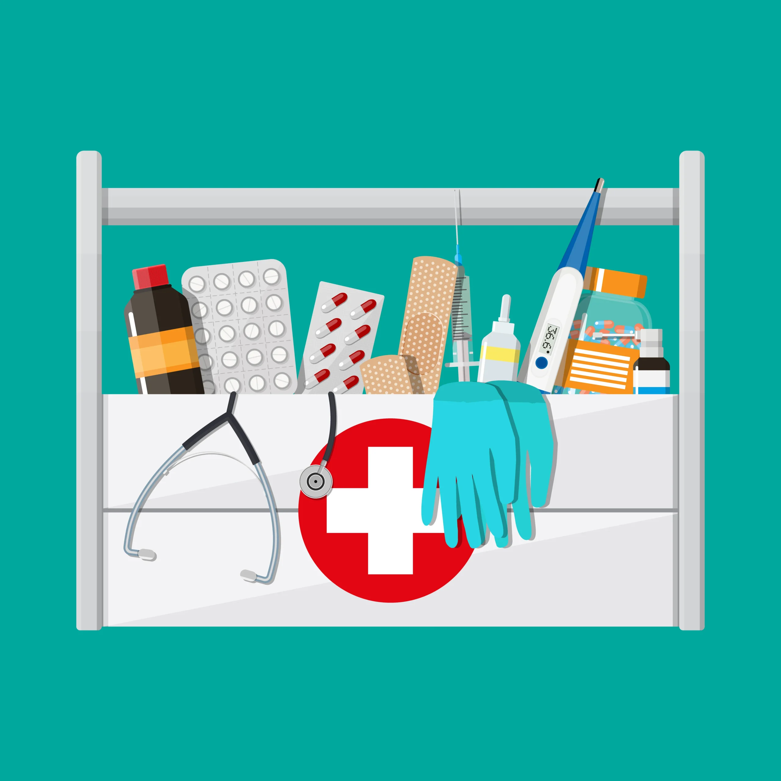 Illustration of a pharmacy for medical supplies with essential healthcare equipment from a Jacksonville medical supply store.