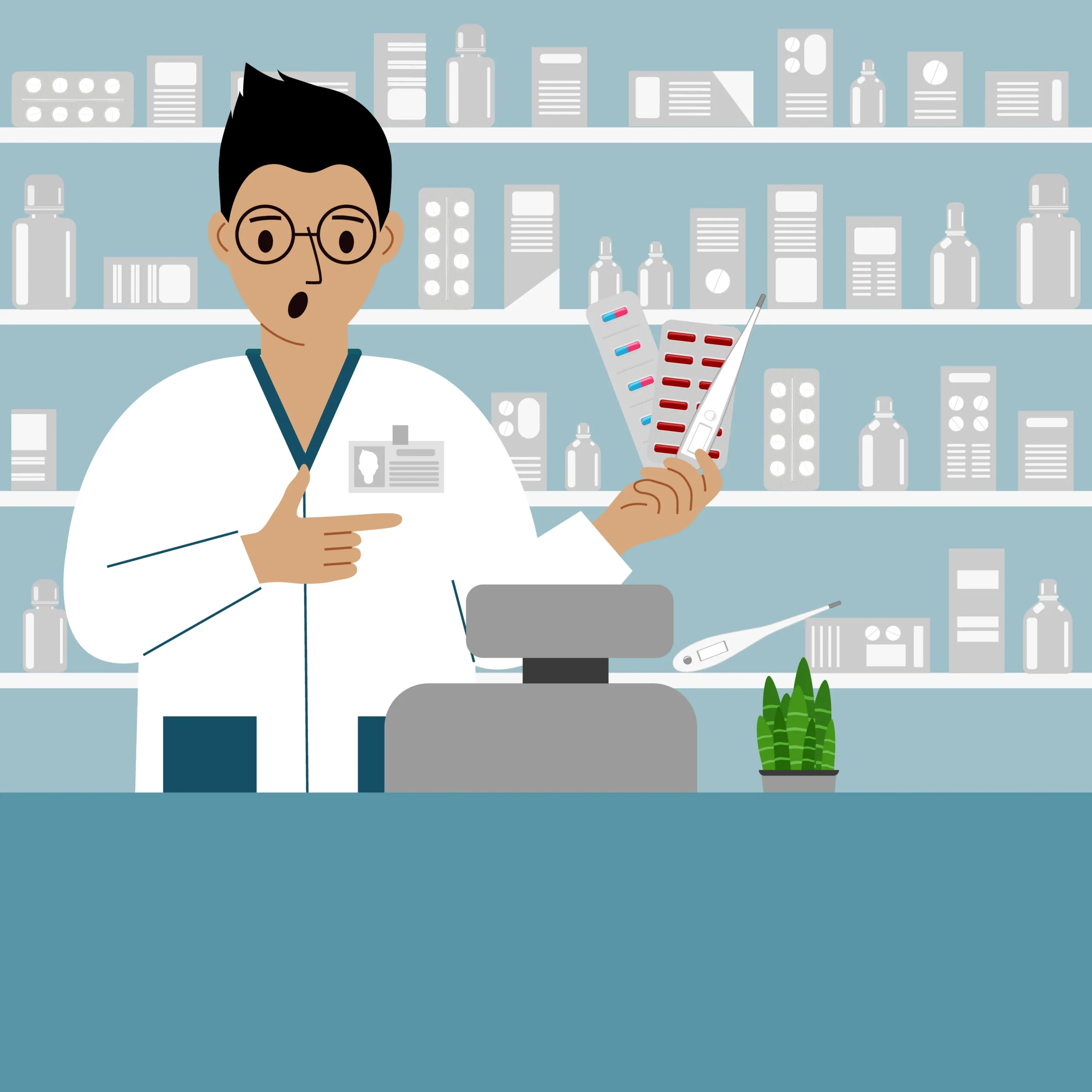 Illustration of a pharmacist explaining adult vaccines options and prescription medications at a medical pharmacy supplies store, highlighting patient counseling and healthcare support.