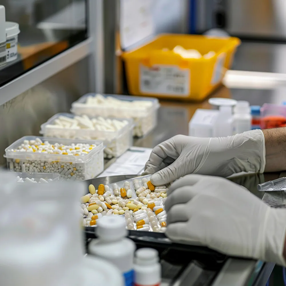 Pharmaceutical sorting medications into specialized packaging to improve medication safety, organization, and patient adherence with special packaging solutions.