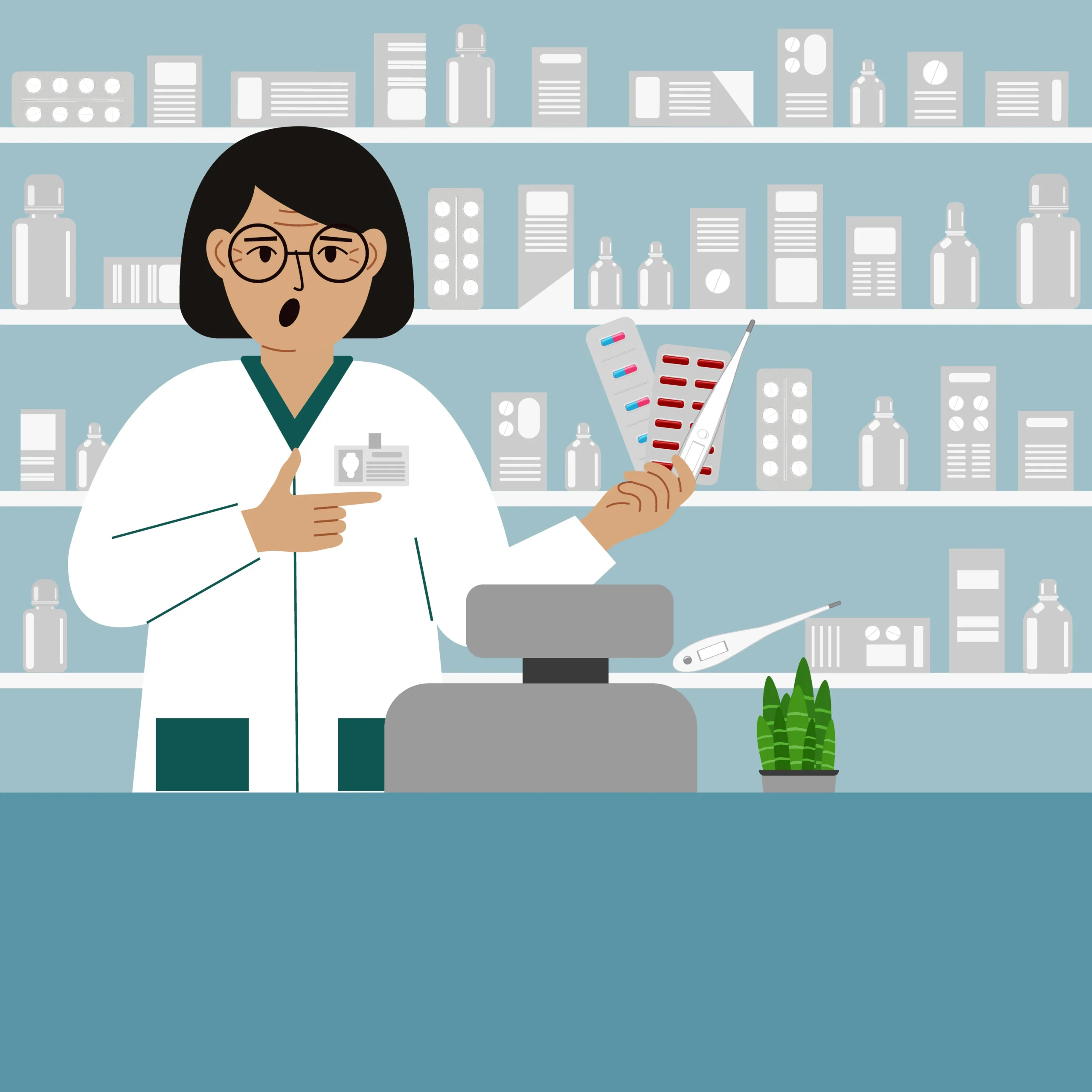 Illustration of a consultation pharmacy in Jacksonville where a pharmacist explains prescription medications, supplement safety, and personalized healthcare recommendations.
