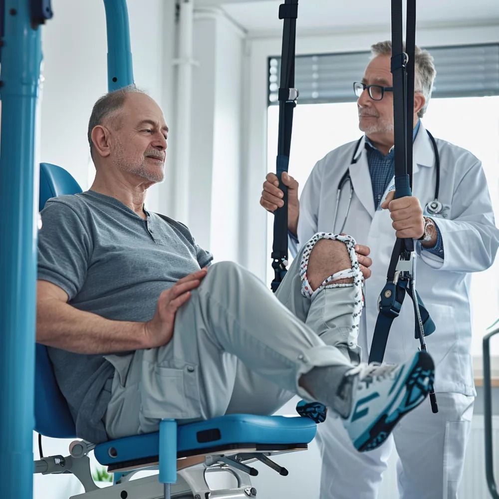 Doctor assisting patient with rehabilitation therapy at a wellness center focused on improving patient experience