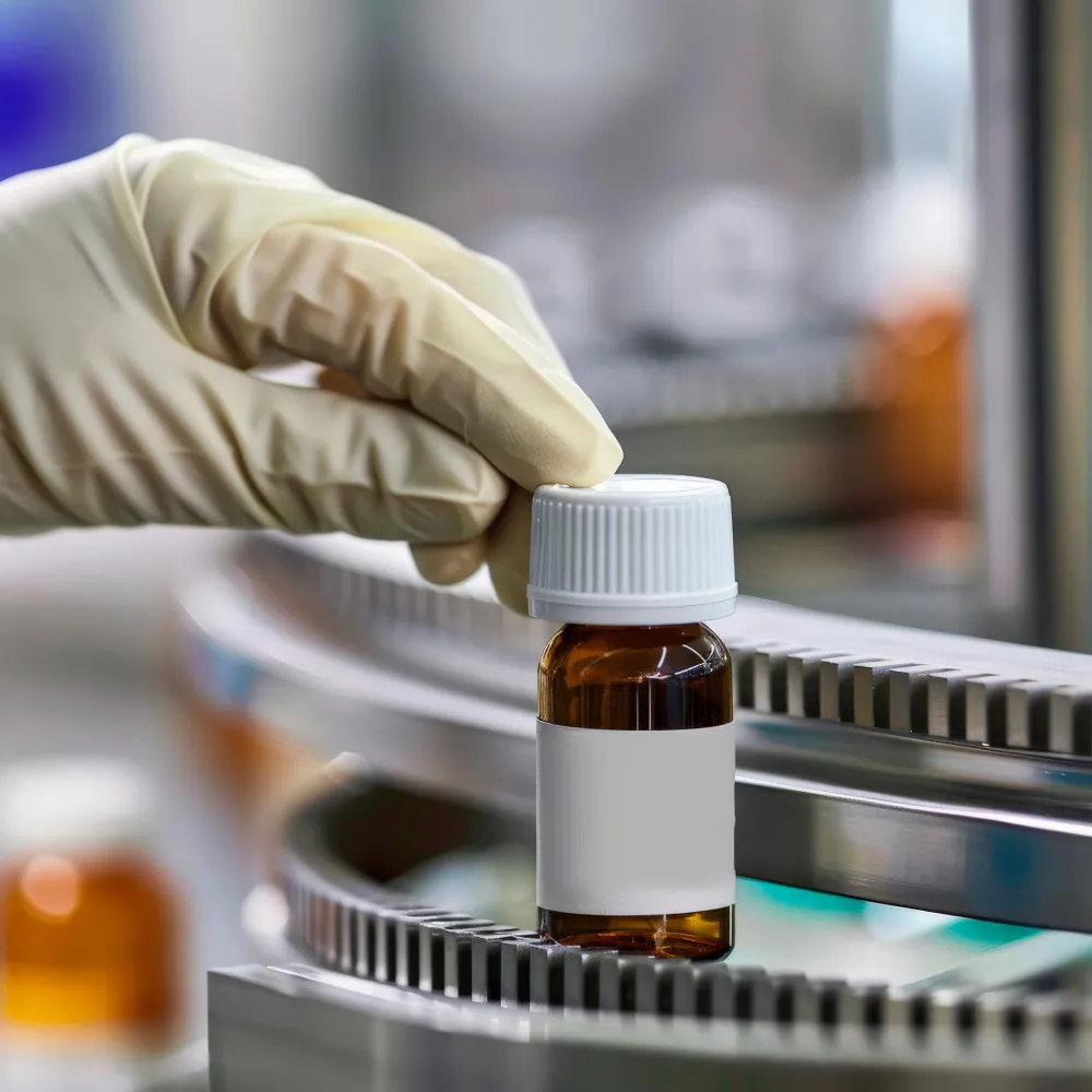 Pharmacy preparing medication packaging and labeling bottles for safe and organized dispensing