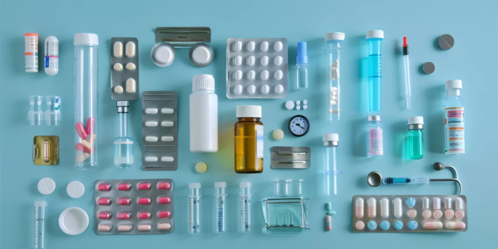 A neatly organized flat lay of pharmaceutical and medical supplies, including blister packs, pill bottles, syringes, vials, and medical tools, at a pharmacy offering medication packaging services, representing a comprehensive overview of modern medicines and healthcare supplies.