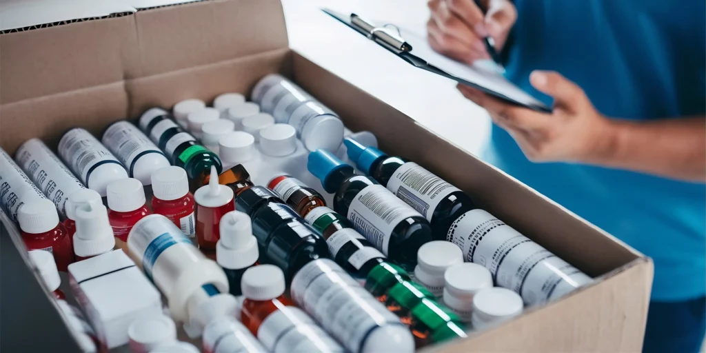 Open cardboard box filled with labeled medicine bottles and liquid medications being checked by a pharmacist, showcasing secure and organized specialty pharmaceutical packaging for dispensing and inventory management.