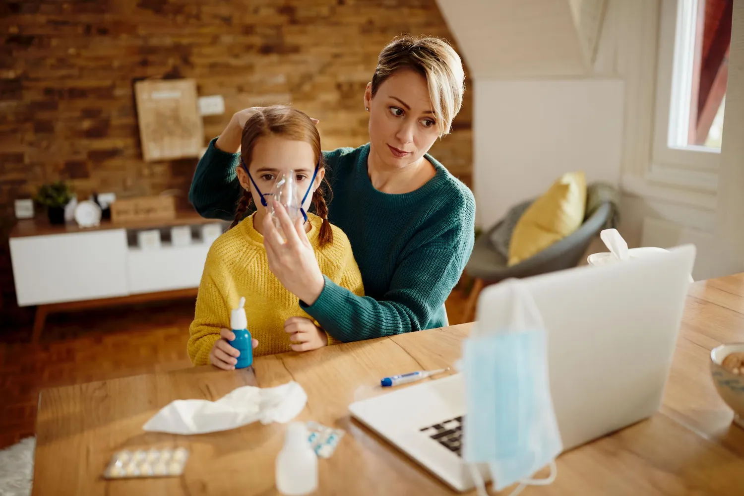 A caregiver assisting a child with a nebulizer at home, representing access to durable medical supplies and essential respiratory support from a trusted medical supply Jacksonville provider