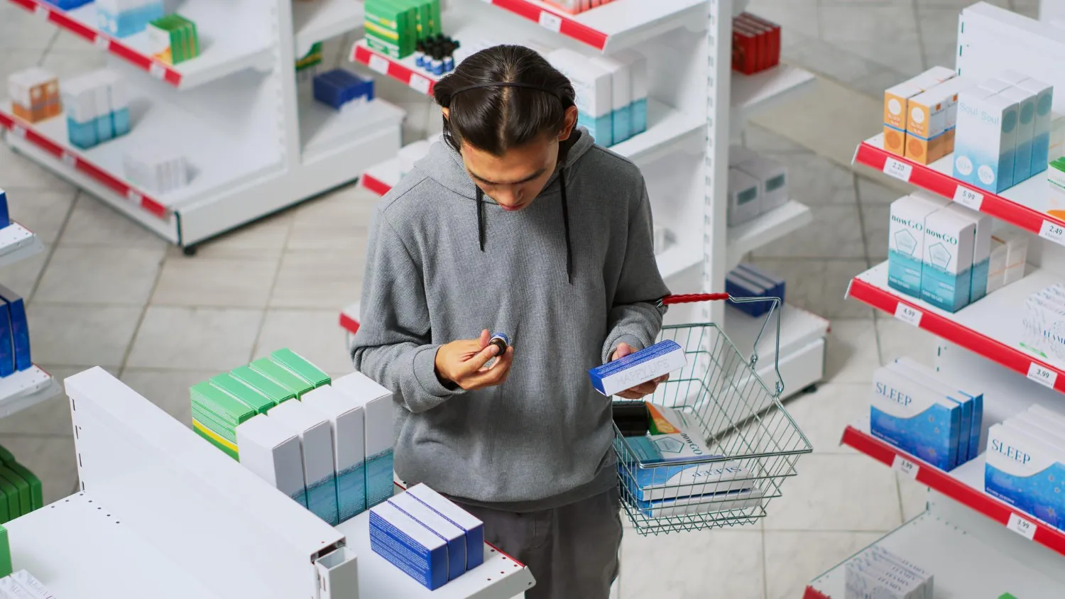 Customer selecting over-the-counter medication in a Drug Store Jacksonville, highlighting a local independent pharmacy offering trusted pharmacy services, health products, and personalized care.