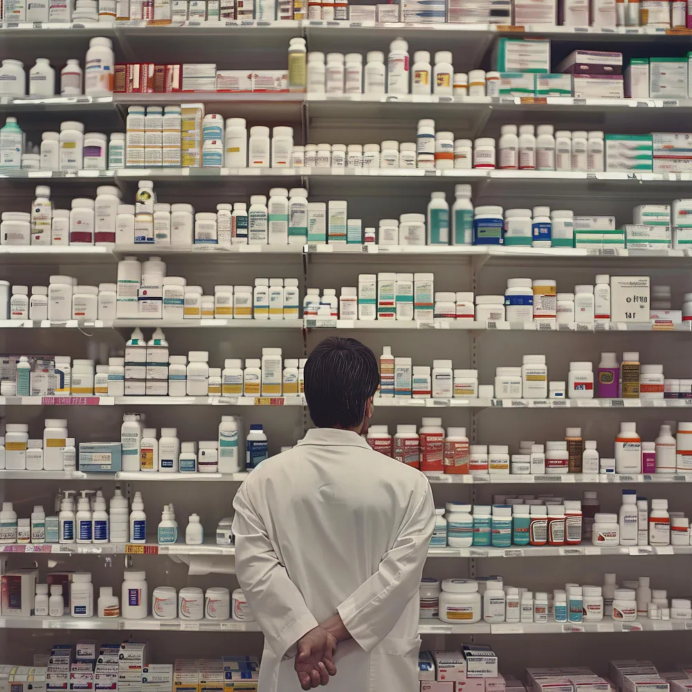 Pharmacist organizing prescription medications on pharmacy shelves in a Local Independent Pharmacy, ensuring accurate dispensing, personalized service, and convenient prescription management.