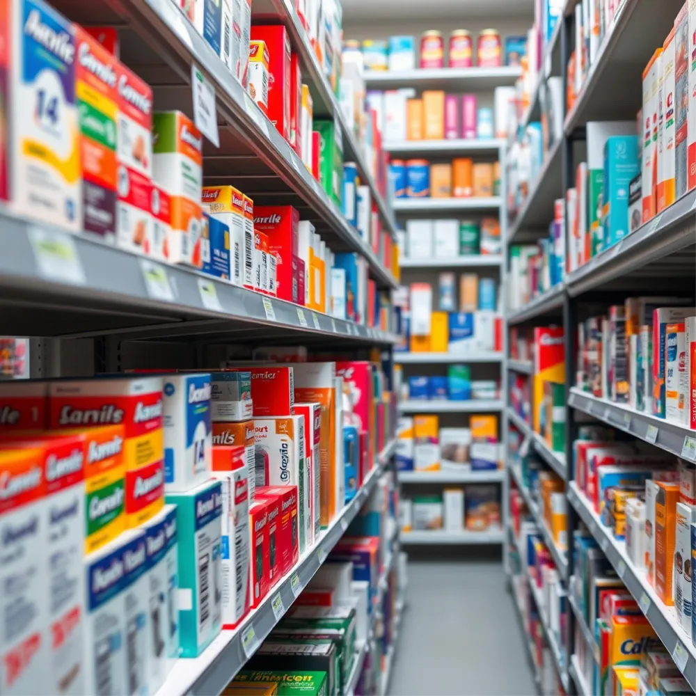 Organized shelves filled with medical supplies, over-the-counter medications, and healthcare products inside a modern medical equipment store, highlighting a fully stocked medical supply store near me.