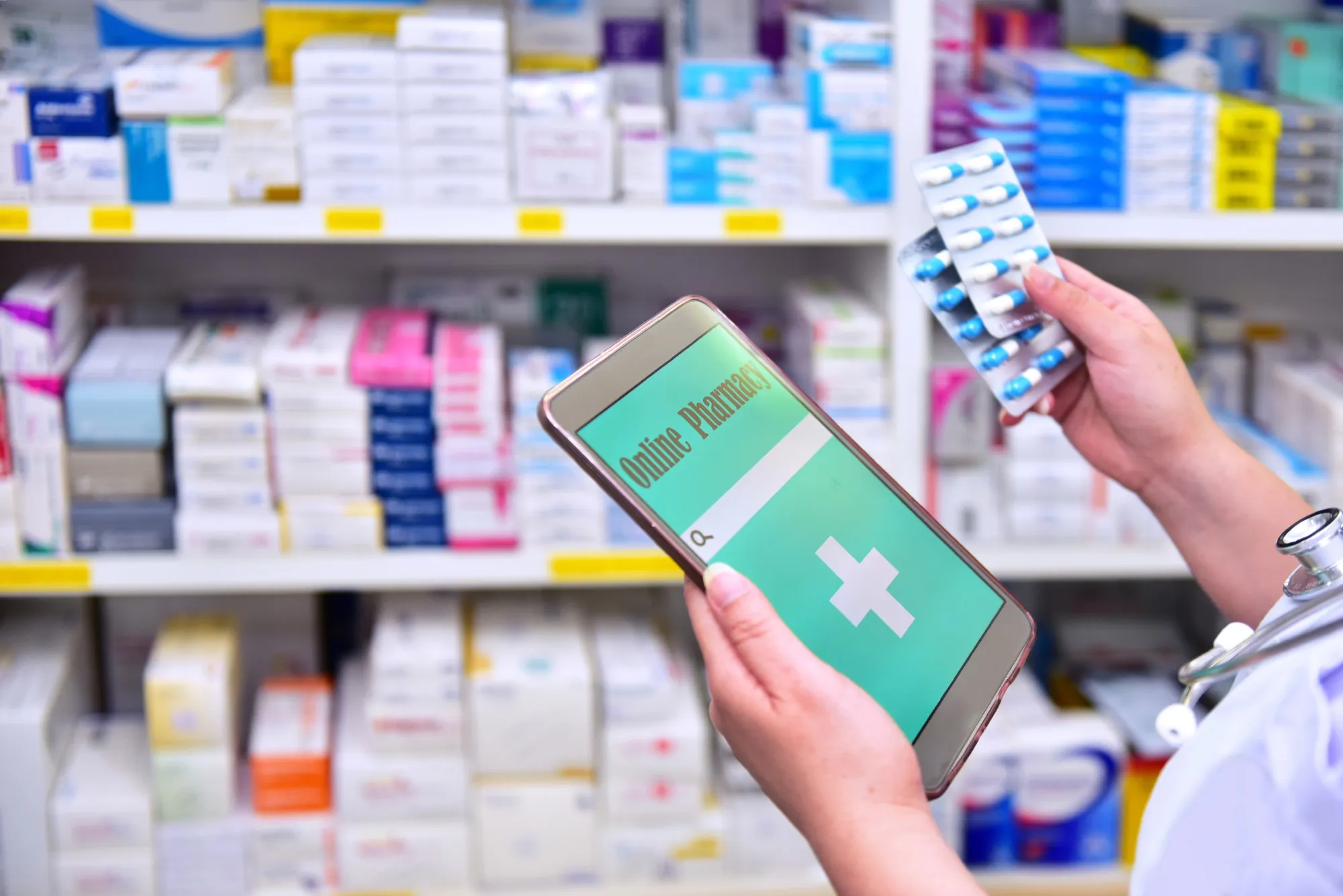 Pharmacist helping a customer choose products at a local vitamin store.