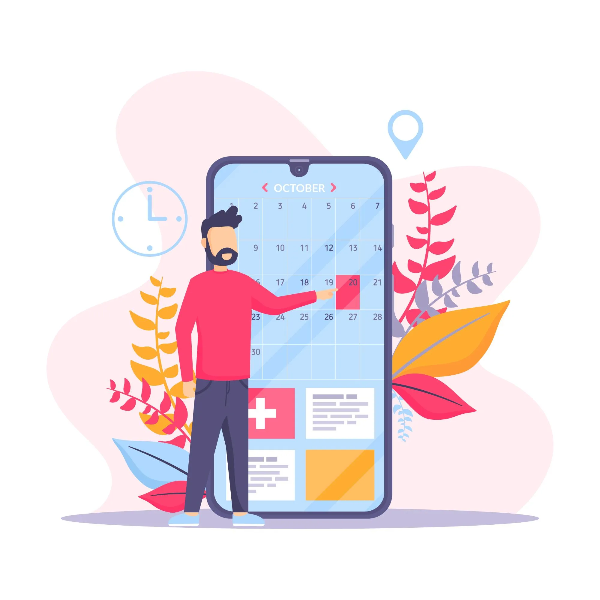 Illustration of a mobile healthcare calendar highlighting scheduled refill dates, representing a medication sync program that organizes prescription synchronization and improves medication adherence.