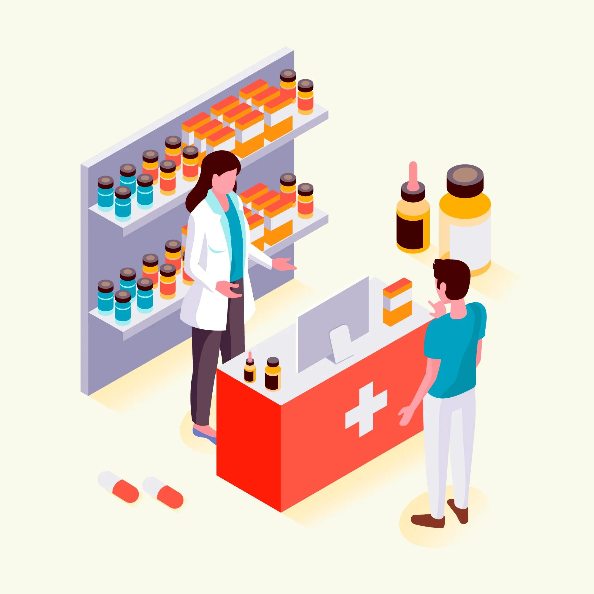 Pharmacist assisting a patient at a Local Independent Pharmacy with medication selection and guidance.