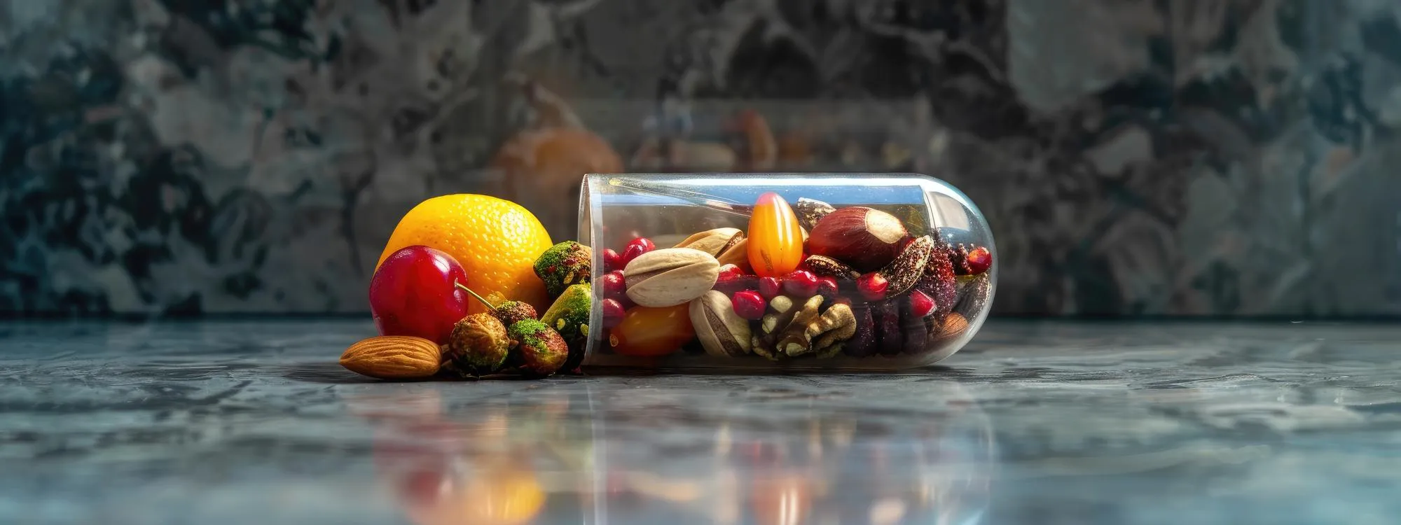 A capsule filled with fruits, nuts, and seeds, representing nutritional support and the role of vitamins and supplements in a balanced diet.